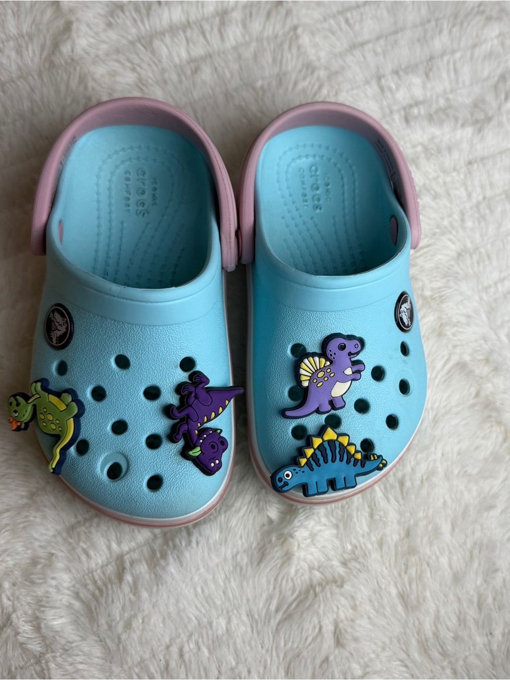 Kids Light Blue and Pink Slip-On Clogs with Dinosaur Charms